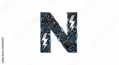 An electric N formed by a circuit board with lightning bolts