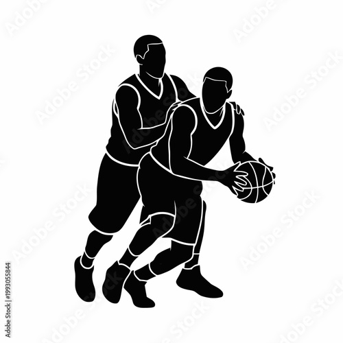 Basketball players engage in a competitive defensive maneuver while one athlete maintains possession of the ball during an intense match.