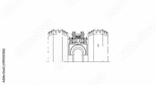 Detailed line art sketch of a majestic ancient fortress gate with arched entrance