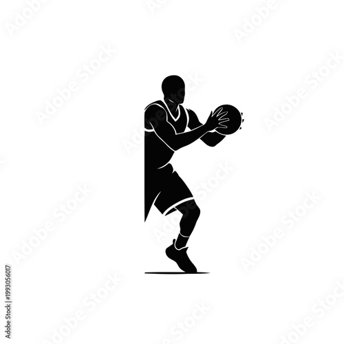 Basketball player silhouette holds the ball firmly against the chest as if protecting the possession during a tight defensive play in a competitive game of professional team sports.