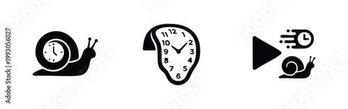 Black minimalist icons representing time concepts: snail clock for slowness, melting clock for surrealism, and slow-motion playback symbol.