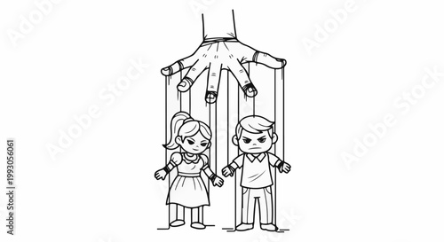 Puppet master's hand controls two children like puppets