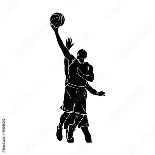 Basketball player silhouette executes a high jump to block a shot or defend against an opponent during a challenging basketball game.