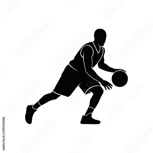 Basketball player silhouette demonstrates precise ball handling skills while moving across the court during a fast-paced game situation.