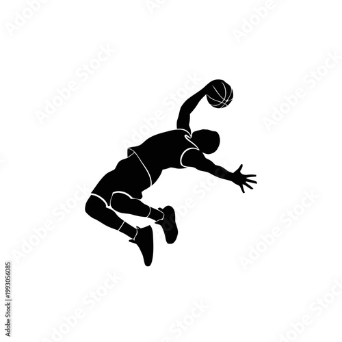 Basketball player silhouette performs an athletic jump to execute a dynamic shot while suspended in midair to demonstrate high level skill and agility during a competitive sports game.