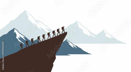 Silhouetted hikers ascend a steep mountain slope, reaching for the summit