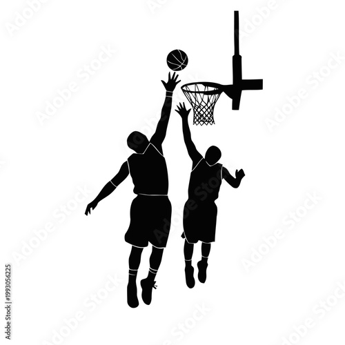 Basketball player leaps high to dunk the ball into the hoop while being challenged by a defender during a tense match that determines the final tournament score.