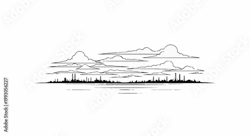 Stylized sketch of a city skyline under a cloudy sky with subtle water reflection