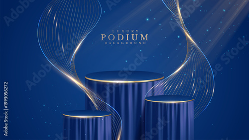 Luxury blue background with 3d podium curtain and gold line wave. Bright light beam shining over empty presentation platform. Abstract concept showcasing premium event show scene.