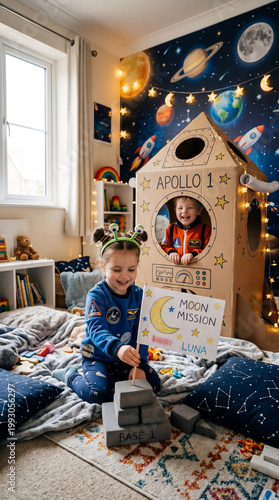 Happy children playing in space themed nursery with cardboard spaceship and moon mission drawing for throwback kid aesthetic and extra celestial early learning activity