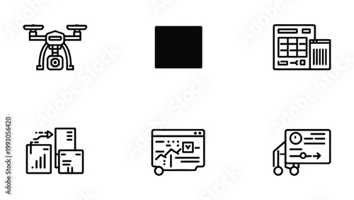 Tech Icons: A collection of sleek, modern icons representing the digital age, drone, tablet and other digital tools on the screen.