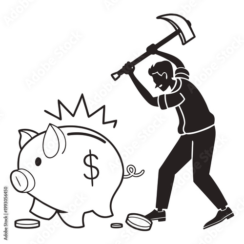 Financial crisis, piggy bank destruction, economic struggle, recession concept, vector illustration
