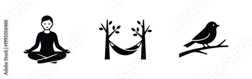 Minimalist black icons for relaxation and nature, featuring a person meditating, a hammock between trees, and a bird perched on a branch.