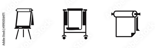 Set of black minimalist icons featuring various flipcharts, a mobile presentation board, and paper rolls, perfect for office and planning concepts.