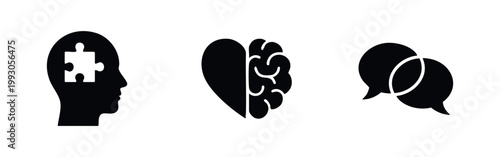 Mental health and psychology icon set featuring a puzzle in head, heart and brain balance, and speech bubbles for communication and therapy concepts.