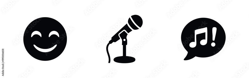 Fototapeta premium Karaoke and music performance vector icon set featuring a smiling emoji, a microphone on a stand, and a musical note speech bubble.