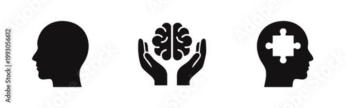 Vector icon set for mental health, psychology, and brain care, including human head profile, hands cradling a brain, and puzzle piece in mind.