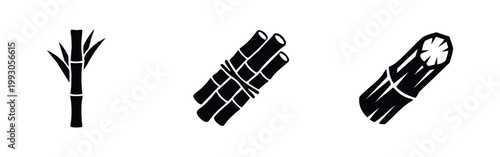 Minimalist black sugarcane icon set featuring a plant with leaves, a bundle of tied stalks, and a cut piece. Clean graphic design on white background.