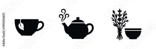 Black silhouette icons of a herbal tea cup, steaming teapot, and aromatic herbs. Clean minimalist set for wellness, spa, and relaxation themes.
