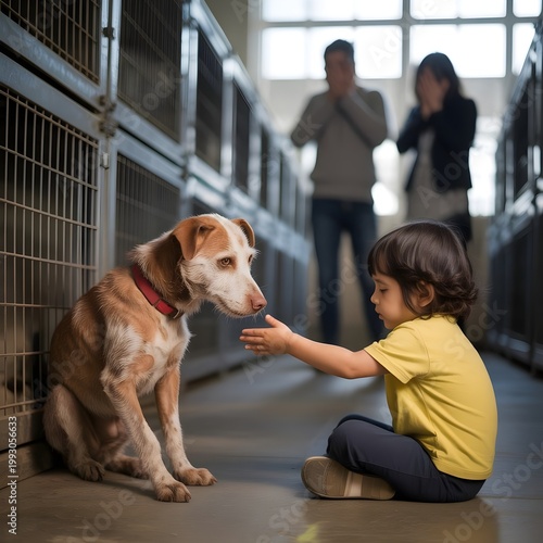 A cute, young purebred beagle sitting with its human friend in a studio portrait of a small domestic pet dog and its owner