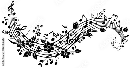 Elegant flowing musical staff lines decorated with artistic floral elements creating a beautiful melodic and organic design
