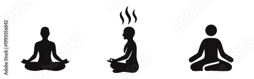 A set of black meditation silhouettes and icons of people in yoga lotus positions, representing mindfulness, spiritual energy, and mental wellness.