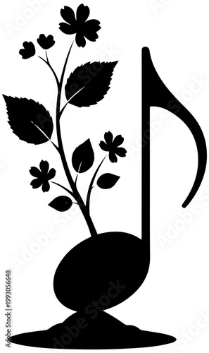 Beautiful black silhouette of a musical note with a flowering plant growing from its base symbolizing harmony and growth