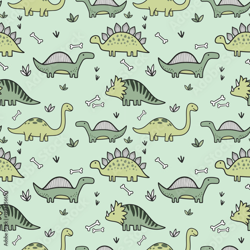 Seamless pattern with green and yellow cartoon dinosaurs on light green background, playful decorative textile design