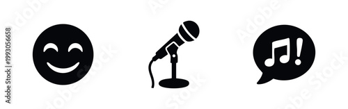Karaoke and music performance vector icon set featuring a smiling emoji, a microphone on a stand, and a musical note speech bubble.