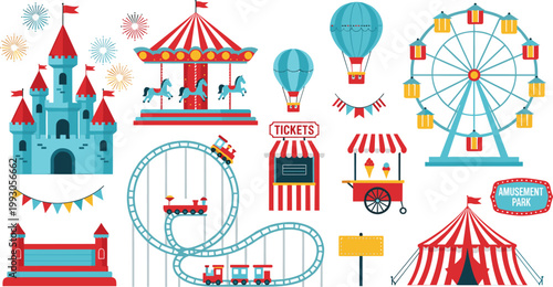 Colorful Amusement Park Element Set with Carousel, Ferris Wheel, Roller Coaster, Castle, and Circus Tent for Fun and Entertainment Designs