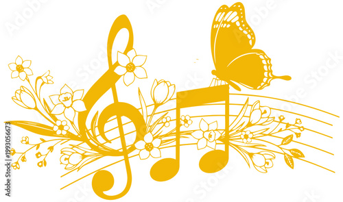 Golden treble clef and musical notes decorated with beautiful spring flowers and a graceful flying butterfly silhouette