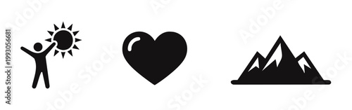 Foto A minimalist set of black icons featuring a person with the sun, a heart symbol, and mountain peaks, symbolizing health, love, and adventure