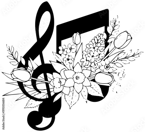 Elegant treble clef and musical note adorned with a beautiful bouquet of blooming flowers and leaves