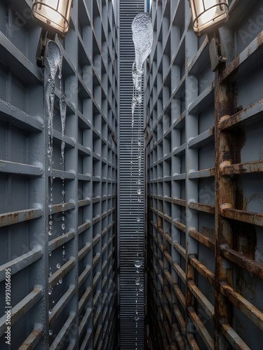A modern urban skyscraper facade features a new glass office building pattern with lighted windows and residential apartment balconies integrated into the architectural structure of the city