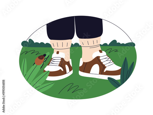 Tick insect on grass and feet in socks, ankles covered with clothing, avoiding bugs. Outdoor safety, mite bite risk protection and prevention. Flat vector illustration isolated on white background
