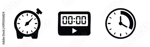Set of three minimalist black icons representing time: an analog stopwatch, a digital timer showing 00:00, and a clock face with a time interval.