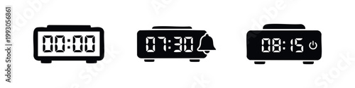 Set of three hand-drawn digital alarm clock icons in a minimalist black and white doodle style, showing various times and alarm settings.