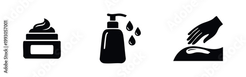 Set of black icons representing skincare products: a moisturizing cream jar, a pump dispenser bottle, and a hand applying lotion to skin.