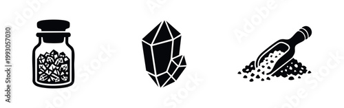Minimalist black silhouette icons of a bath salt jar, gemstone crystal, and salt scoop. Perfect for wellness, spa, and beauty branding designs.