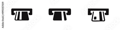 Set of three minimalist black and white icons depicting a credit card being inserted into an ATM slot, representing banking and payment transactions.