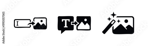 Set of black flat icons representing AI text-to-image generation and magic photo editing tools isolated on a white background.