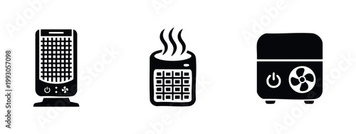 Set of minimalist black icons representing various indoor heating appliances like tower heaters, fan heaters, and portable warming units.