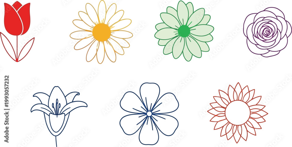 Obraz premium Collection of simple line art flower icons including tulip daisy rose and lily in flat design style for spring or nature themes