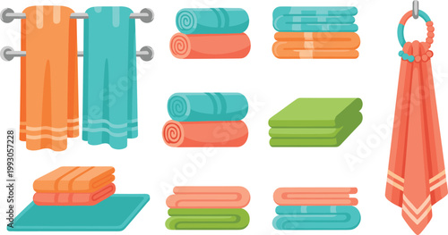 Colorful Bathroom Towel Set Collection with Folded, Rolled, and Hanging Towels in Orange, Teal, and Green for Home and Hygiene Designs