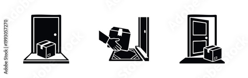 Minimalist black and white icons showing doorstep package delivery service, including contactless drop-off and parcels at closed and open doors.
