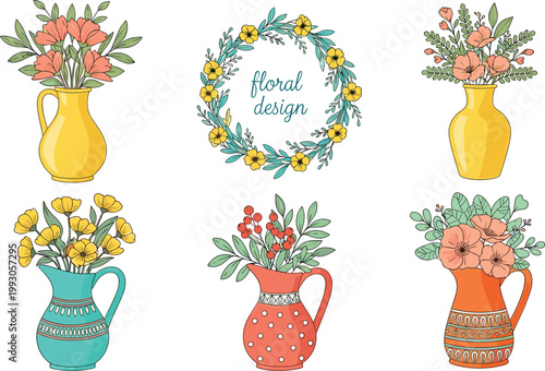 Colorful Floral Design Collection with Flower Bouquets in Decorative Vases and Wreath for Spring, Botanical, and Home Decor Designs