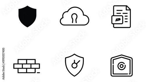 Data Security Icons: A collection of concise black and white icons symbolizes digital data security concepts, representing protection, privacy, and integrity in the digital realm. 
