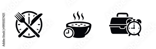Minimalist black icons for mealtime, including a lunch break clock with cutlery, hot soup bowl, and lunch box with alarm clock on a white background.