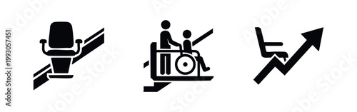 Set of black icons showing stairlifts and wheelchair platform lifts for home accessibility, mobility aids, and elderly safety on stairs.