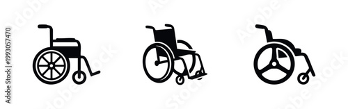 Set of three black wheelchair icons isolated on a white background, representing accessibility, medical assistance, and mobility support.
